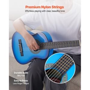 classical guitar, 30 inch, wood classical guitar starter kit for beginners, with nylon strings, gig bag, strap, tuner, extra strings, picks, capo, basswood, for kids girls boys students, blue
