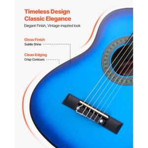 classical guitar, 30 inch, wood classical guitar starter kit for beginners, with nylon strings, gig bag, strap, tuner, extra strings, picks, capo, basswood, for kids girls boys students, blue