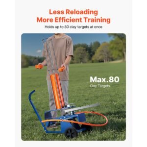clay target thrower, 75 80 clays pigeon thrower, 55+ yards automatic skeet and trap launcher on wheels with adjustable angle, foot pedal & pull handle for clays throwing, shooting sports