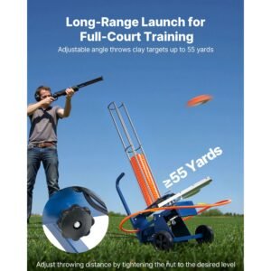clay target thrower, 75 80 clays pigeon thrower, 55+ yards automatic skeet and trap launcher on wheels with adjustable angle, foot pedal & pull handle for clays throwing, shooting sports