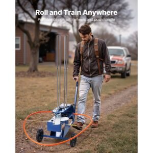 clay target thrower, 75 80 clays pigeon thrower, 55+ yards automatic skeet and trap launcher on wheels with adjustable angle, foot pedal & pull handle for clays throwing, shooting sports