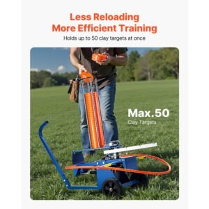 clay target thrower, max 50 clays pigeon thrower, 55+ yards automatic skeet and trap launcher on wheels with adjustable angle, foot pedal & pull handle for clays throwing shooting sports