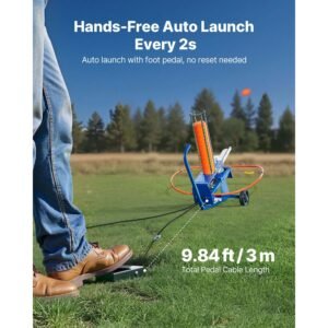 clay target thrower, max 50 clays pigeon thrower, 55+ yards automatic skeet and trap launcher on wheels with adjustable angle, foot pedal & pull handle for clays throwing shooting sports