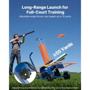 clay target thrower, max 50 clays pigeon thrower, 55+ yards automatic skeet and trap launcher on wheels with adjustable angle, foot pedal & pull handle for clays throwing shooting sports