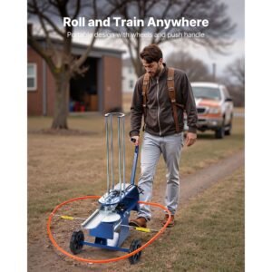 clay target thrower, max 50 clays pigeon thrower, 55+ yards automatic skeet and trap launcher on wheels with adjustable angle, foot pedal & pull handle for clays throwing shooting sports