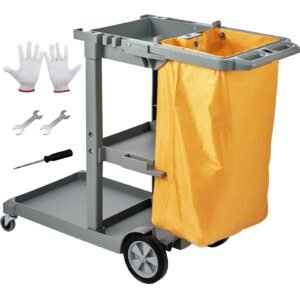 Cleaning Cart, 3-Shelf Commercial Janitorial Cart, 200 lbs Capacity Plastic Housekeeping Cart, with 25 Gallon PVC Bag, 47" x 20" x 38.6", Yellow+Grey