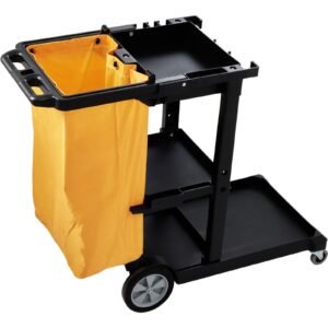 cleaning cart, 3 shelf commercial janitorial cart, 200 lbs capacity plastic housekeeping cart, with 25 gallon pvc bag, 47 x 20 x 38.6in, yellow & black