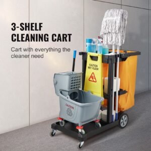 cleaning cart, 3 shelf commercial janitorial cart, 200 lbs capacity plastic housekeeping cart, with 25 gallon pvc bag, 47 x 20 x 38.6in, yellow & black