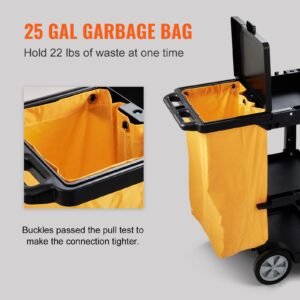 cleaning cart, 3 shelf commercial janitorial cart, 200 lbs capacity plastic housekeeping cart, with 25 gallon pvc bag and cover, 47 x 20 x 38.6in, yellow&black