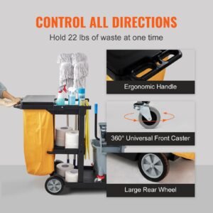 cleaning cart, 3 shelf commercial janitorial cart, 200 lbs capacity plastic housekeeping cart, with 25 gallon pvc bag and cover, 47 x 20 x 38.6in, yellow&black