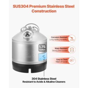 cleaning keg, 1.75 gallon/6.5l keg line cleaning kit with d coupler connection & rubber base, beer lines cleaner used for beer line cleaning, 304stainless steel kegerator beers lines cleaner kit