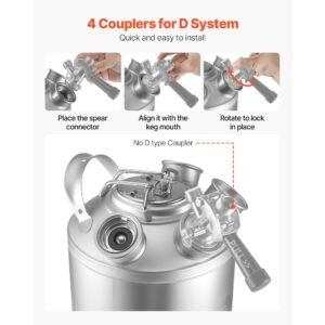cleaning keg, 5 gallon/19l keg line cleaning kit with 4 d coupler connections & rubber base, beer lines cleaner used for beer line cleaning, 304 stainless steel kegerator beers lines cleaner kit