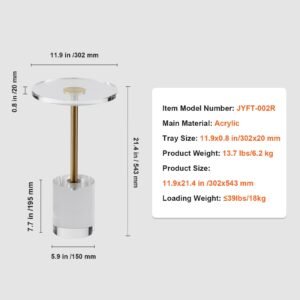 clear acrylic end table, acrylic side table with a solid base, 11.9 x 11.9 inch round tabletop, 21.4 inch high, for coffee, drink, food, snack used in living room, bedroom, and study