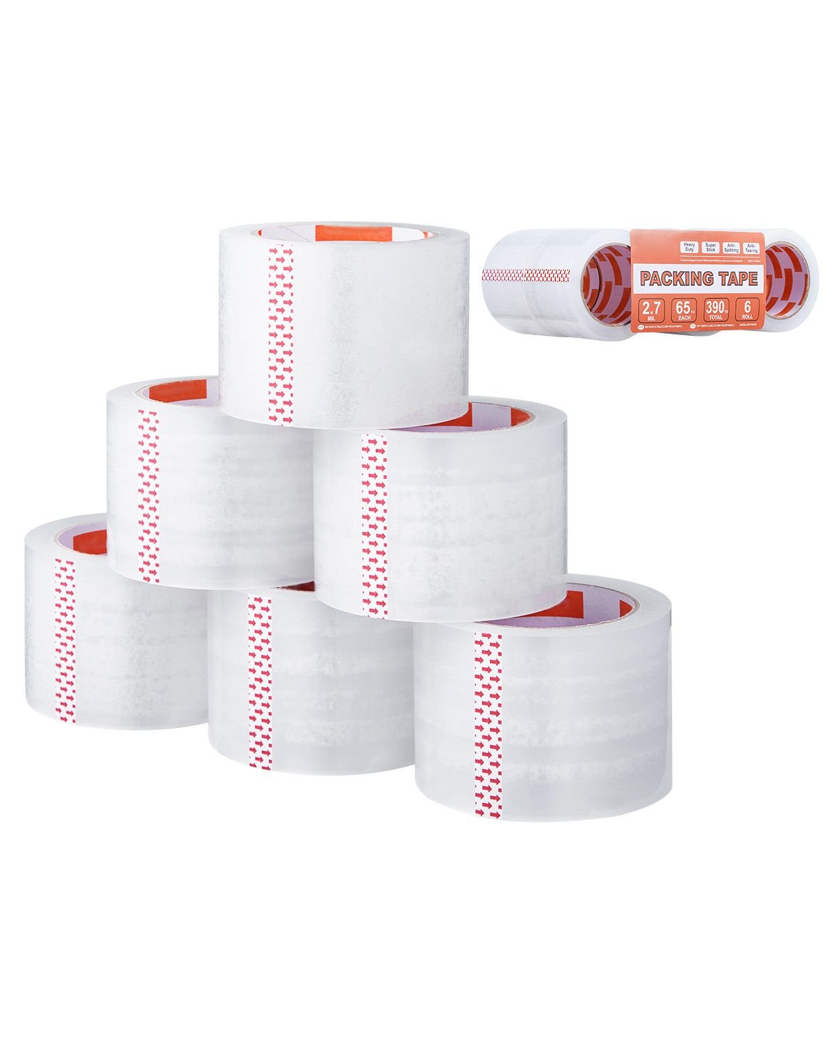 clear packing tape, 3 inches core, 6 rolls 3 inches x 65 yards packing tapes, 2.7 mil thick, heavy duty packaging tape designed for moving, storage and packing, shipping and mailing, office