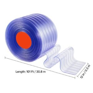 clear pvc strip curtain, 101 ft length x 12 in width, ribbed plastic door strip bulk roll, walk in freezer cooler curtain strips for doorways of supermarket, garage, warehouse, pet animal house