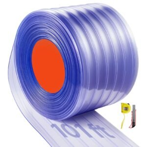 clear pvc strip curtain, 101 ft length x 12 in width, ribbed plastic door strip bulk roll, walk in freezer cooler curtain strips for doorways of supermarket, garage, warehouse, pet animal house