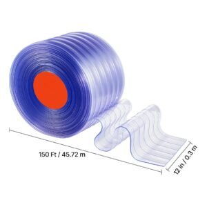 clear pvc strip curtain, 150 ft length x 12 in width, ribbed plastic door strip bulk roll, walk in freezer cooler curtain strips for doorways of supermarket, garage, warehouse, pet animal house
