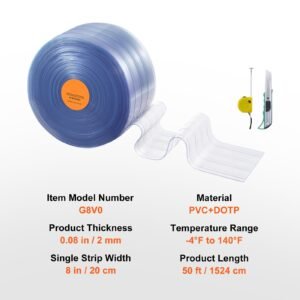 clear pvc strip curtain, 50 ft length x 8 in width, ribbed plastic door strip bulk roll, walk in freezer cooler curtain strips for doorways of supermarket, garage, warehouse, pet animal house