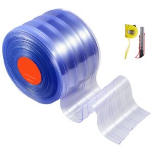 clear pvc strip curtain, 75 ft length x 8 in width, ribbed plastic door strip bulk roll, walk in freezer cooler curtain strips for doorways of supermarket, garage, warehouse, pet animal house