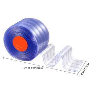 clear pvc strip curtain, 75 ft length x 8 in width, ribbed plastic door strip bulk roll, walk in freezer cooler curtain strips for doorways of supermarket, garage, warehouse, pet animal house