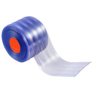 clear pvc strip curtain, 75 ft length x 8 in width, ribbed plastic door strip bulk roll, walk in freezer cooler curtain strips for doorways of supermarket, garage, warehouse, pet animal house