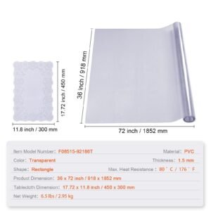 clear table cover protector, 36" x 72" rectangle table cover, 1.5 mm thick pvc plastic tablecloth, waterproof desktop protector for writing desk, coffee table, dining room table