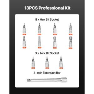 click torque wrench set, 1/4inch drive, 20 200lbf in/2.3 22.6n.m, dual direction and dual range scales, 72 tooth, ±3% high precision, with bit sockets, extension bar, for bicycle repair, orange