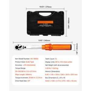 click torque wrench set, 1/4inch drive, 20 240 lbf in / 2.3 27.1n.m, dual direction and dual range scales, 72 tooth, ±3% high precision, with bits, sockets, adapters, extension bar, orange