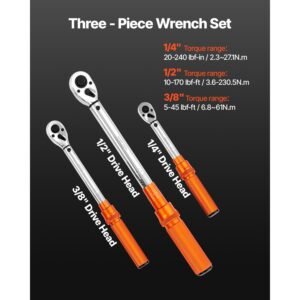 click torque wrench set, 3 pieces, 1/4, 3/8, 1/2 inch drive, 10 170 lbf ft, 5 45 lbf ft, 20 240 lbf in, dual direction and dual range scales, 72 tooth, ±3% high precision, for bicycle repair