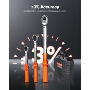 click torque wrench set, 3 pieces, 1/4, 3/8, 1/2 inch drive, 10 170 lbf ft, 5 45 lbf ft, 20 240 lbf in, dual direction and dual range scales, 72 tooth, ±3% high precision, for bicycle repair