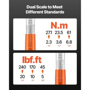 click torque wrench set, 3 pieces, 1/4, 3/8, 1/2 inch drive, 10 170 lbf ft, 5 45 lbf ft, 20 240 lbf in, dual direction and dual range scales, 72 tooth, ±3% high precision, for bicycle repair
