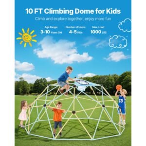 climbing dome, 10ft geometric dome climber, 1000lbs loading jungle gym playground with 2 basketballs & octopus net, easy assembly outdoor backyard climbing equipment for kids 3 to 10 years old