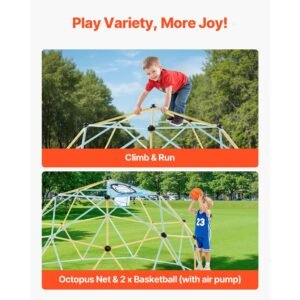 climbing dome, 10ft geometric dome climber, 1000lbs loading jungle gym playground with 2 basketballs & octopus net, easy assembly outdoor backyard climbing equipment for kids 3 to 10 years old