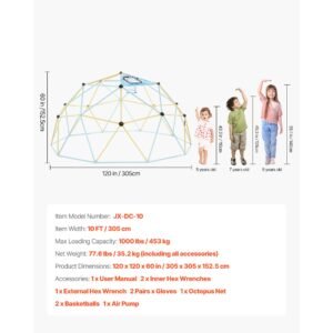 climbing dome, 10ft geometric dome climber, 1000lbs loading jungle gym playground with 2 basketballs & octopus net, easy assembly outdoor backyard climbing equipment for kids 3 to 10 years old