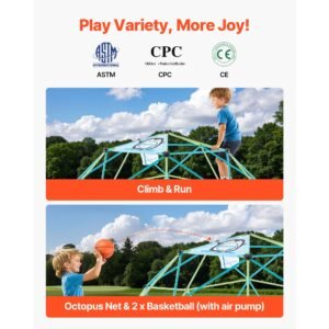 climbing dome, 10ft geometric dome climber for kids, 1000lbs loading jungle gym playground with octopus net & 2 basketballs, easy assembly outdoor backyard climbing toys gift for boys girls