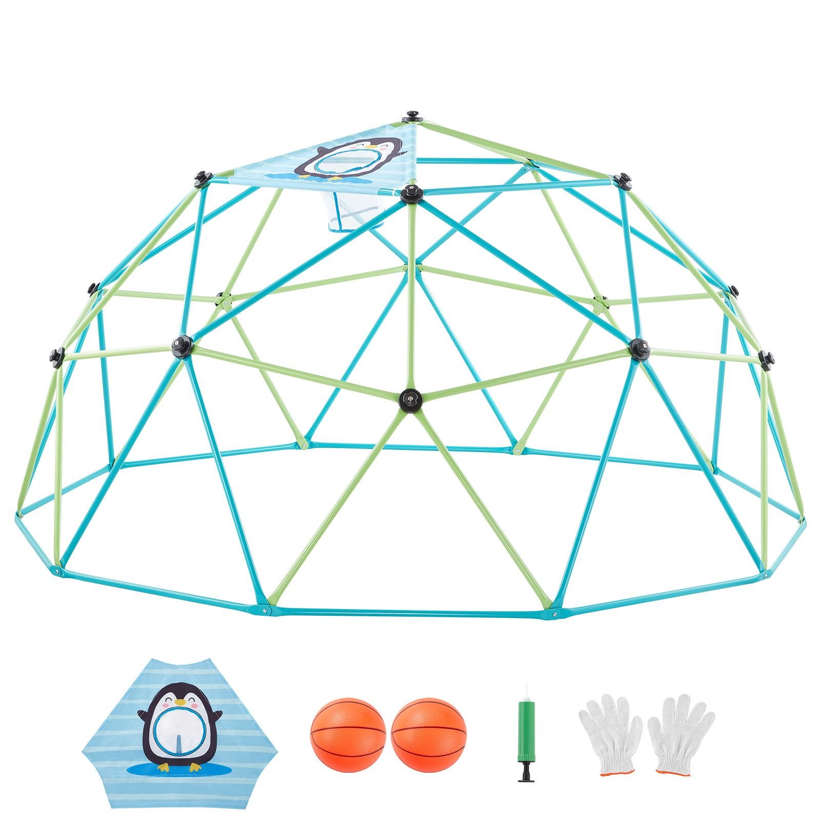 climbing dome, 10ft geometric dome climber for kids, 1000lbs loading jungle gym playground with octopus net & 2 basketballs, easy assembly outdoor backyard climbing toys gift for boys girls