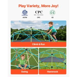climbing dome, 10ft geometric dome climber with swing & hammock, 1000lbs loading kid's jungle gym playground, easy assembly outdoor backyard climbing equipment for boys girls 3 to 10 years old