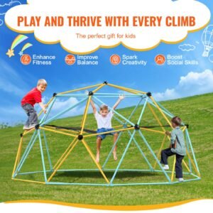 climbing dome, for kids 3 to 10 years old,10ft geometric dome climber with hammock and swing, jungle gym supports 750lbs and easy assembly, with climbing grip, outdoor backyard play equipment