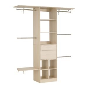 Closet System with 2 Drawers, Adjustable Height Wooden Closet Organizers, Modern Walk-in Wardrobe Organization with 5 Retractable Clothes Hanger Rods, Freestanding Garment Rack Storage, Grey
