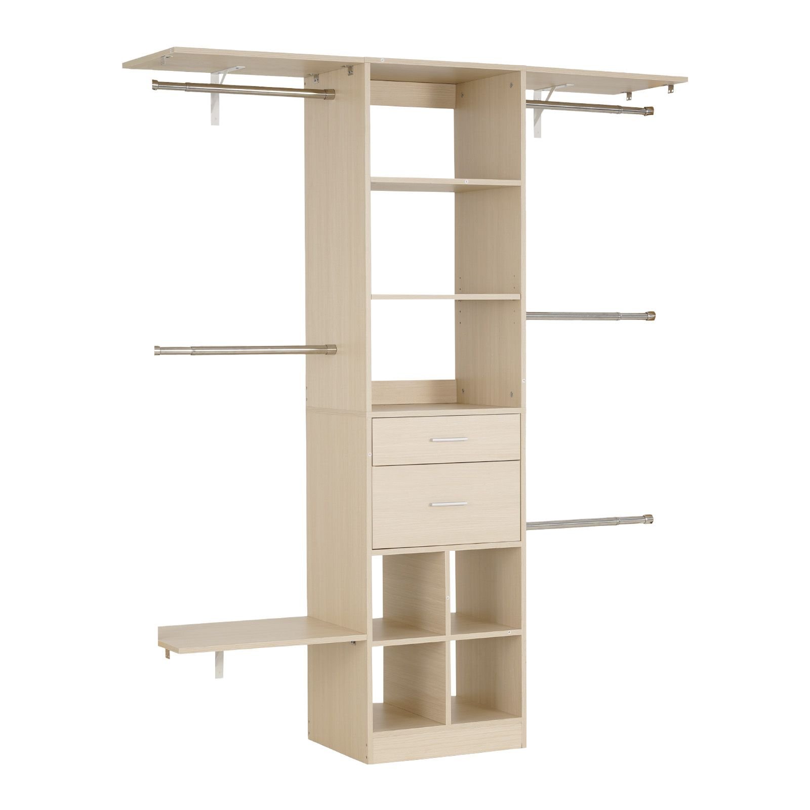 closet system with 2 drawers, adjustable height wooden closet organizers, modern walk in wardrobe organization with 5 retractable clothes hanger rods, freestanding garment rack storage, grey