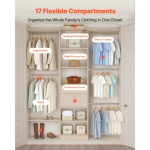 closet system with 2 drawers, adjustable height wooden closet organizers, modern walk in wardrobe organization with 5 retractable clothes hanger rods, freestanding garment rack storage, grey