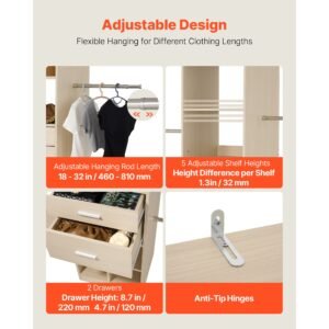 closet system with 2 drawers, adjustable height wooden closet organizers, modern walk in wardrobe organization with 5 retractable clothes hanger rods, freestanding garment rack storage, grey