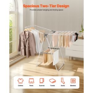 clothes drying rack, 2 tier foldable laundry dryer rack with sock clips & 21 drying rods, metal height adjustable drying racks for outdoor & indoor, free standing & space saving hanger, white