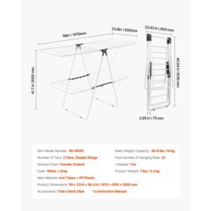 clothes drying rack, 2 tier foldable laundry dryer rack with sock clips & 31 dry rods, metal height adjustable drying racks for outdoor & indoor, free standing & space saving hanger, white