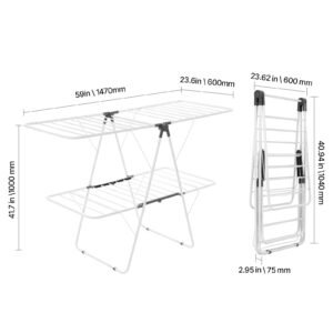 clothes drying rack, 2 tier foldable laundry dryer rack with sock clips & 31 dry rods, metal height adjustable drying racks for outdoor & indoor, free standing & space saving hanger, white