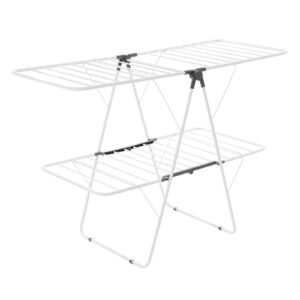 clothes drying rack, 2 tier foldable laundry dryer rack with sock clips & 31 dry rods, metal height adjustable drying racks for outdoor & indoor, free standing & space saving hanger, white