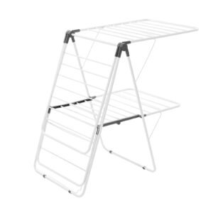 clothes drying rack, 2 tier foldable laundry dryer rack with sock clips & 31 dry rods, metal height adjustable drying racks for outdoor & indoor, free standing & space saving hanger, white