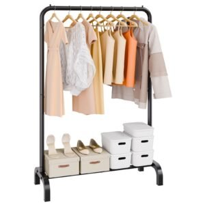 clothes rack, heavy duty clothing garment rack with hanging rod and bottom storage area, clothing rack for bedroom guest room