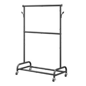 clothes rack, rolling clothing garment rack with adjustable crossbar and side hooks, 150 lbs load capacity, heavy duty carbon steel clothing racks with wheels for bedroom, laundry, living room