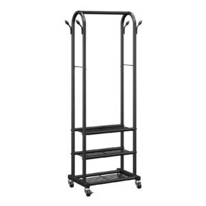 clothes rack, rolling clothing garment rack with hanging rod and side hooks, 3 storage shelves, 99 lbs load capacity, heavy duty carbon steel clothing racks for bedroom, laundry, living room